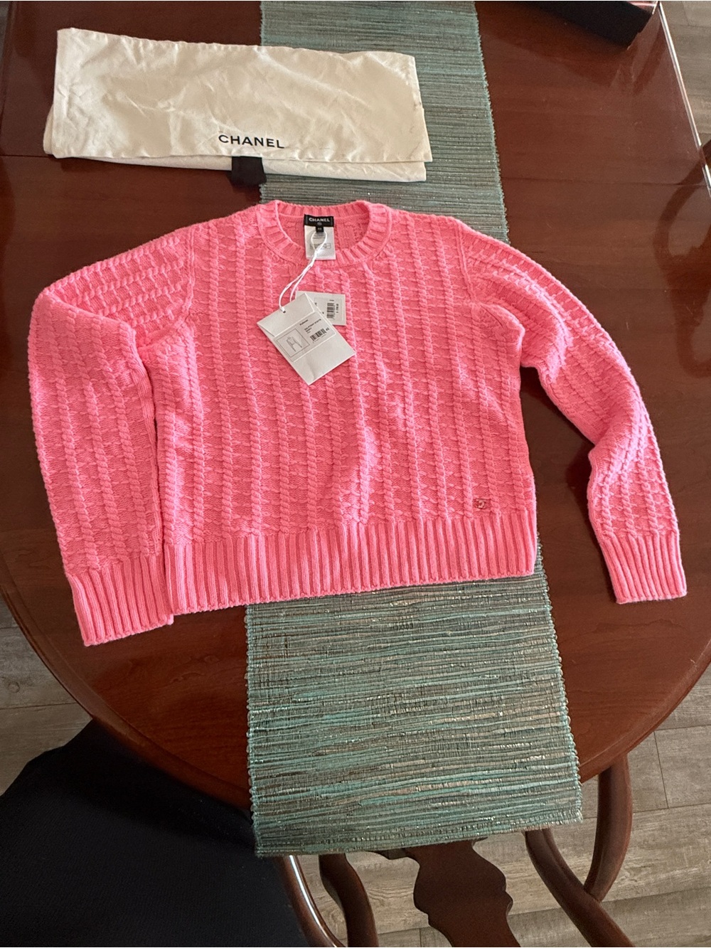 NEW CHANEL Barbie Pink Cable-Pattern Crewneck Sweater